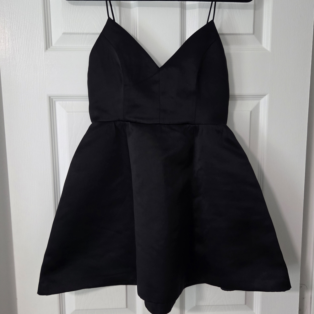 Lovers + Friends Black Spaghetti-Strap Mini Satin Finish Dress. Young Love Flare